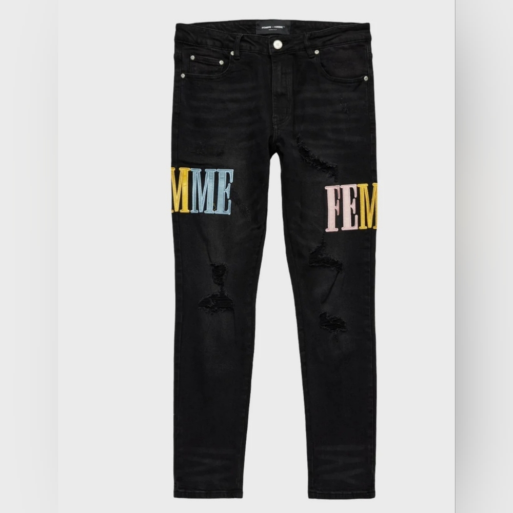 NWT HOMME + FEMME LETTERMAN BLACK YELLOW/BLUE/PINK SKINNY JEANS